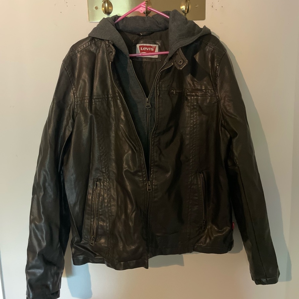 Levi's Dark Brown Leather Jacket with Gray Hood